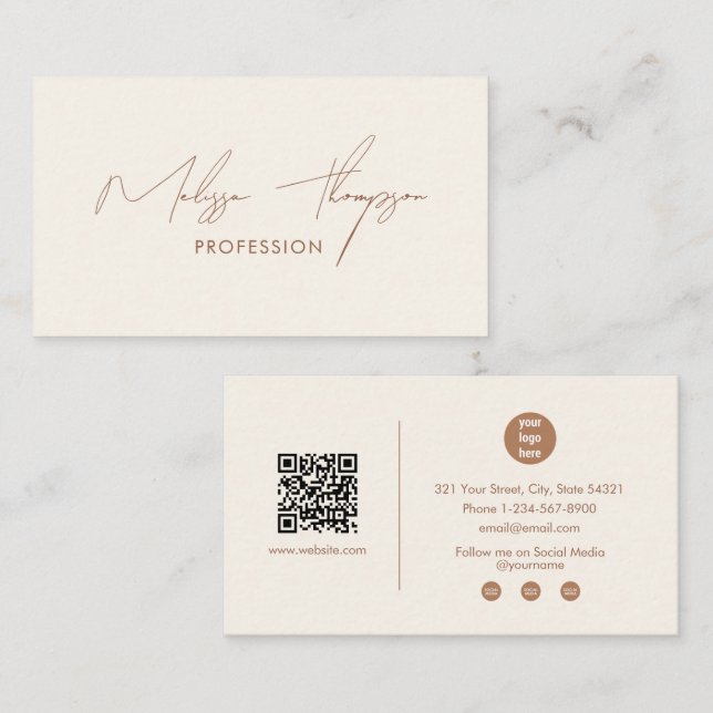 Tarjeta De Visita Código QR de guión de firma marrón boho profesiona (Anverso / Reverso)