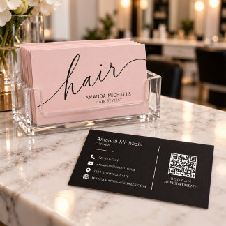 Tarjeta De Visita Código QR de guion de peluquero rosa rubor