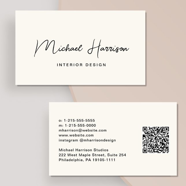 Tarjeta De Visita Código QR de guión moderno Crema profesional (Subido por el creador)