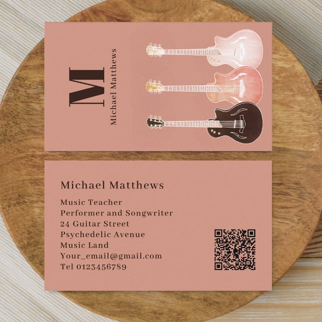 Tarjeta De Visita Código QR de Guitar Muisc Teacher (Guitar music teacher professional musician qr code Business card Rustic country music style design)