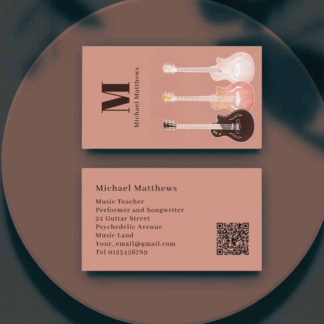 Tarjeta De Visita Código QR de Guitar Muisc Teacher (Guitar music teacher musician qr code business card with rustic guitar illustrations )
