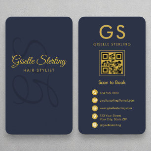 Tarjeta De Visita Código QR de Hair Stylist Monograma Naval Azul Oro
