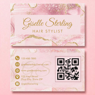 Tarjeta De Visita Código QR de Hair Stylist Rubor Pink Gold Agate