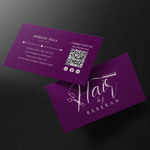 Tarjeta De Visita Código QR de Hairstylist con Patrón Morado Minimal