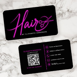 Tarjeta De Visita Código QR de Hairstylist de Letra Retro Rosa Neon