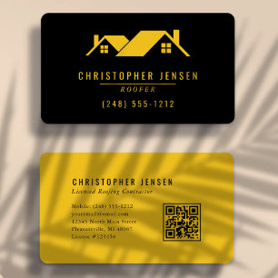 Tarjeta De Visita Código QR de Hoja Simple Negrita Negro Amarillo Re