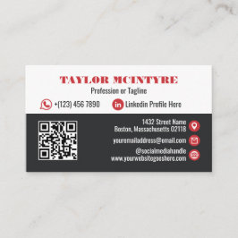 Tarjeta De Visita Código QR de iconos Profesionales Carbón y Rojo