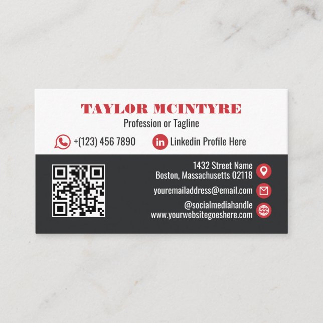 Tarjeta De Visita Código QR de iconos Profesionales Carbón y Rojo (Anverso)