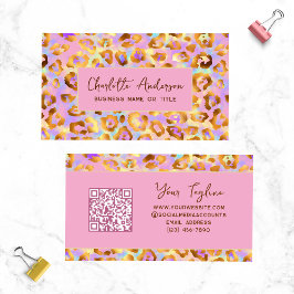 Tarjeta De Visita Código QR de Impresión de Leopardo Dorado Pastel