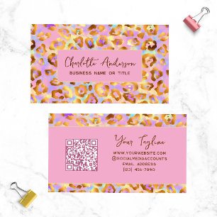 Tarjeta De Visita Código QR de Impresión de Leopardo Dorado Pastel