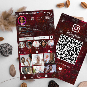 Tarjeta De Visita Código QR de Instagram Metalizado Rústico Rojo Red