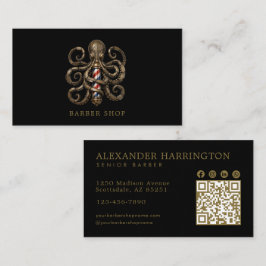 Tarjeta De Visita Código Qr de la Barbería Elegante Pulpo de Bronce