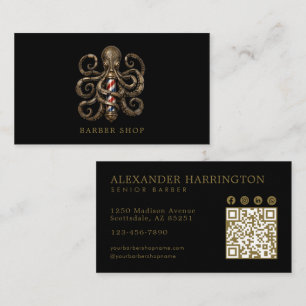 Tarjeta De Visita Código Qr de la Barbería Elegante Pulpo de Bronce