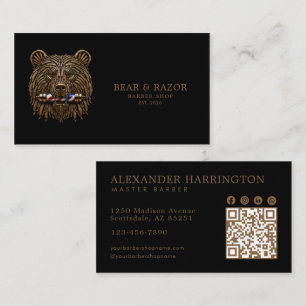 Tarjeta De Visita Código Qr de la Barbería Profesional Bronze Bear