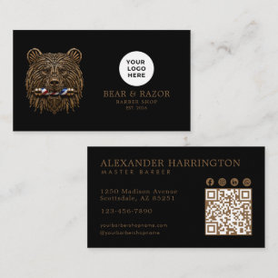 Tarjeta De Visita Código Qr de la Barbería Profesional Bronze Bear