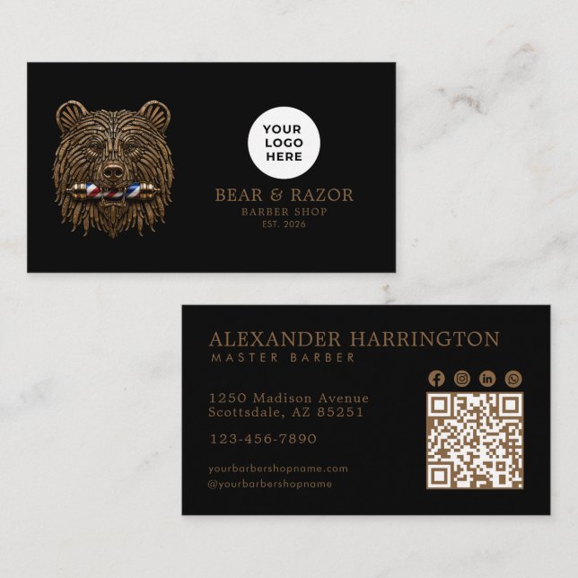 Tarjeta De Visita Código Qr de la Barbería Profesional Bronze Bear (Anverso / Reverso)