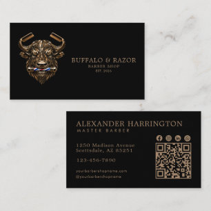 Tarjeta De Visita Código Qr de la Barbería Profesional Bronze Buffal