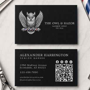 Tarjeta De Visita Código Qr de la Barbería Profesional Silver Owl
