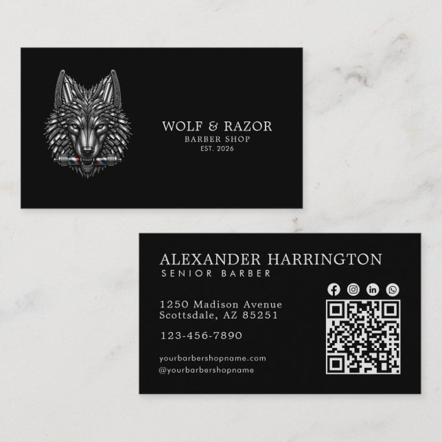Tarjeta De Visita Código Qr de la Barbería Profesional Silver Wolf (Anverso / Reverso)