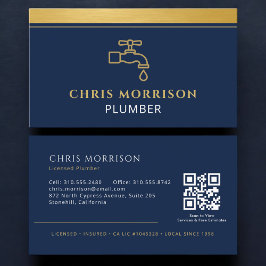 Tarjeta De Visita Código QR de la empresa de fontanería azul marino 