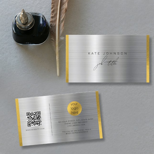 Tarjeta De Visita Código QR de la firma de oro Metalizado cepillado (Brushed Metal Gold Signature Script QR Code Business Card)