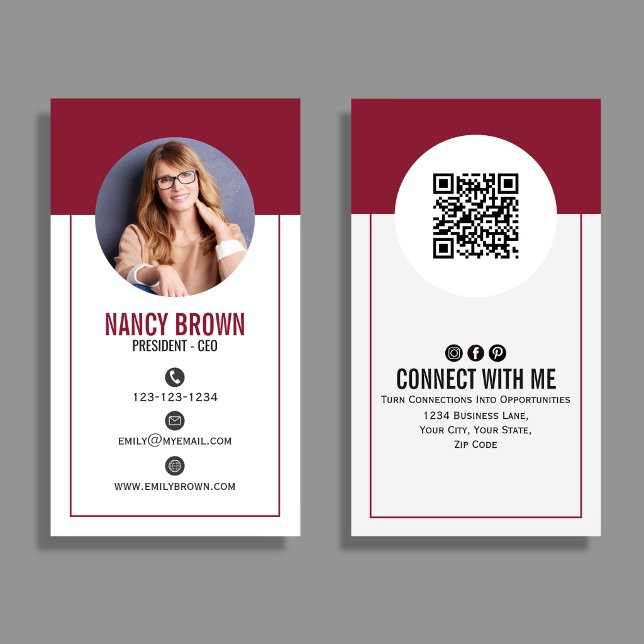 Tarjeta De Visita Código QR de la Foto Burgundy Blush Conéctate Conm (Burgundy blush QR code photo design with clean layout—bold, modern, and perfect for networking.)