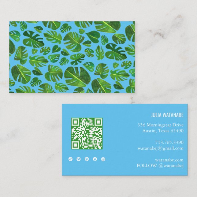 Tarjeta De Visita Código QR de la hoja tropical de Monstera Moda de  (Anverso / Reverso)