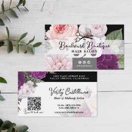 Tarjeta De Visita Código QR de la peluquería floral blanca y negra