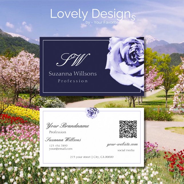Tarjeta De Visita Código QR de las iniciales florales azul y blanco  (Subido por el creador)