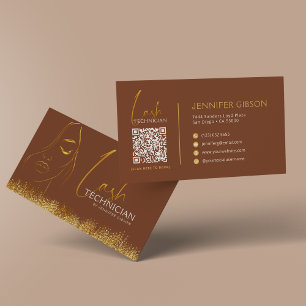 Tarjeta De Visita Código QR de Lash Tech Dorado y Marrón Glamuroso 