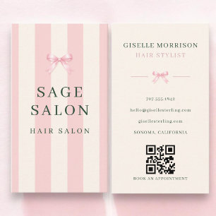 Tarjeta De Visita Código QR de lazo a rayas rosa y verde de estilist