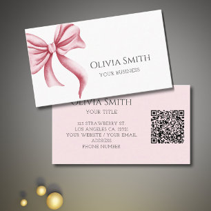 Tarjeta De Visita Código QR de lazo rosa simple y elegante
