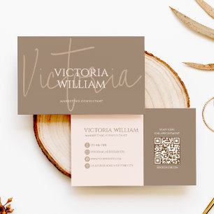 Tarjeta De Visita Código QR de letra cursiva beige neutro elegante