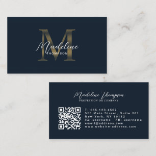 Tarjeta De Visita Código QR de letra cursiva con monograma de oro me