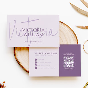 Tarjeta De Visita Código QR de letra cursiva de lavanda suave con cl