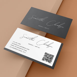 Tarjeta De Visita Código QR de letra manuscrita gris oscuro de lujo 