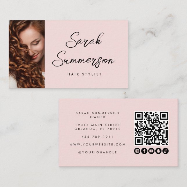 Tarjeta De Visita Código QR de letra script rosa moderno para estili (Anverso / Reverso)