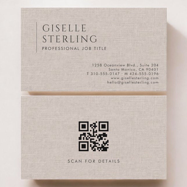 Tarjeta De Visita Código QR de lino marrón natural de lujo (Subido por el creador)