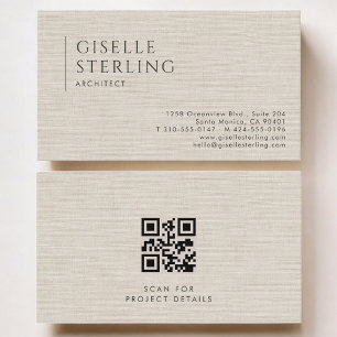 Tarjeta De Visita Código QR de lino neutro de lujo para arquitectos