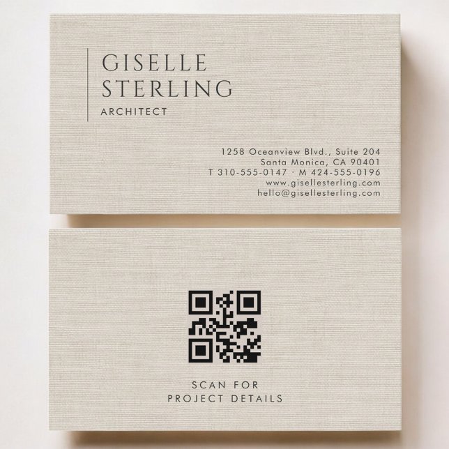 Tarjeta De Visita Código QR de lino neutro de lujo para arquitectos (Subido por el creador)