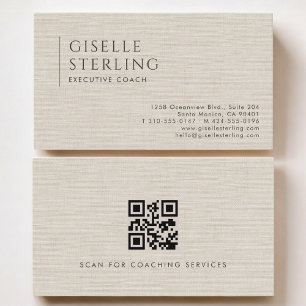 Tarjeta De Visita Código QR de lino neutro de lujo para coach ejecut