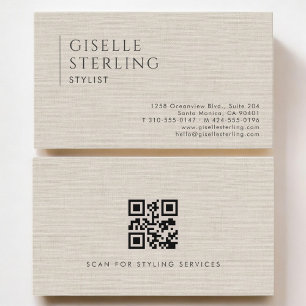 Tarjeta De Visita Código QR de lino neutro de lujo para estilistas