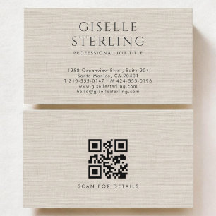 Tarjeta De Visita Código QR de Lino Neutro Natural de Lujo
