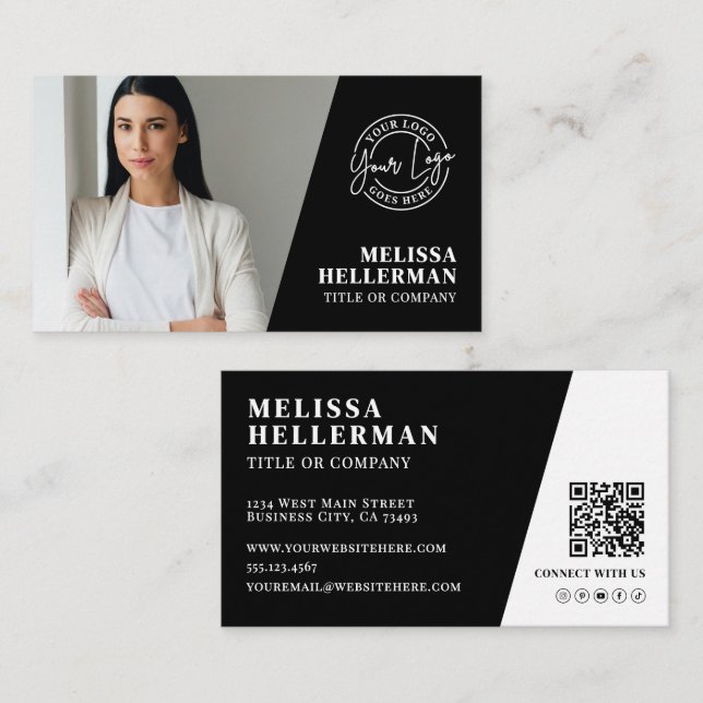 Tarjeta De Visita Código QR de Logo de Foto Negra (Anverso / Reverso)