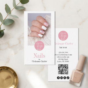 Tarjeta De Visita Código QR de Logo de Salón de Uñas Foto Rosa Moder