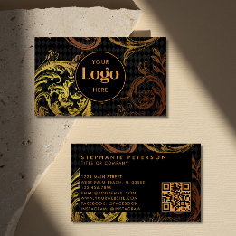 Tarjeta De Visita Código QR de Logo Personalizado Barroco Negro y Do
