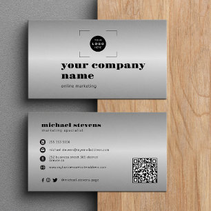 Tarjeta De Visita Código QR de logo personalizado moderno plateado