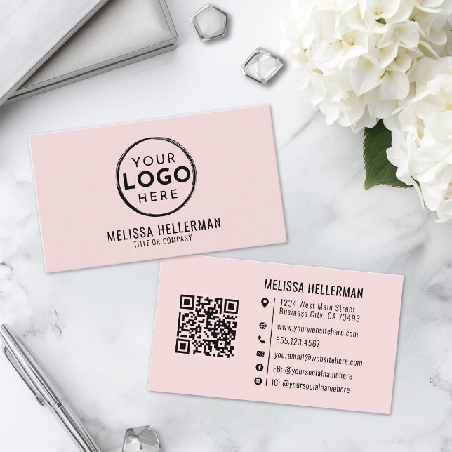 Tarjeta De Visita Código QR de Logo Profesional Rosa Sonrojado (Blush Pink Professional Logo QR Code Business Card)