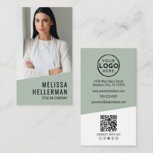 Tarjeta De Visita Código QR de Logo Verde Vertical de Foto Profesion