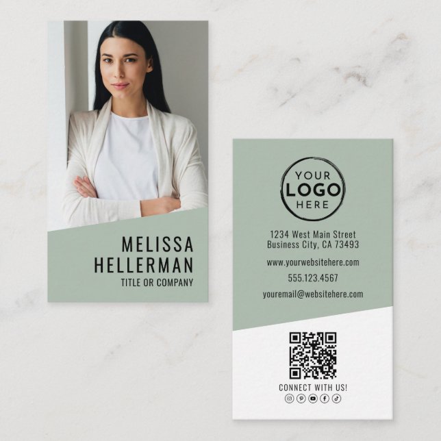 Tarjeta De Visita Código QR de Logo Verde Vertical de Foto Profesion (Anverso / Reverso)